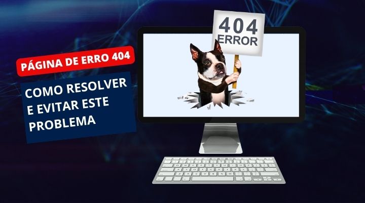 Imagem de computador com um cachorro saindo da tela por um buraco segurando uma placa escrito error 404