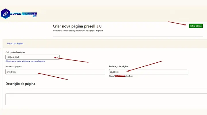 Configuração da Página Presell