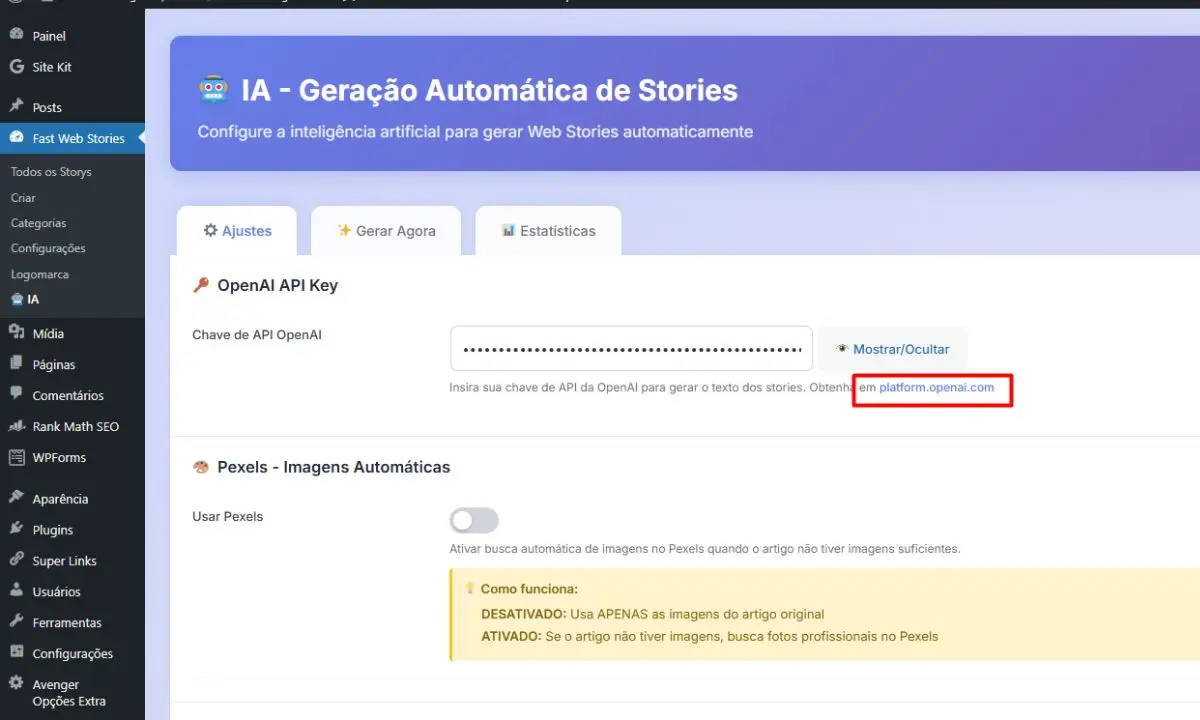 Como os Web Stories Podem Multiplicar o Tráfego do Seu Site e Aumentar Suas Visitas no Google 6 Inserção da Chave da OpenAI no Plugin Fast Web Stories com IA